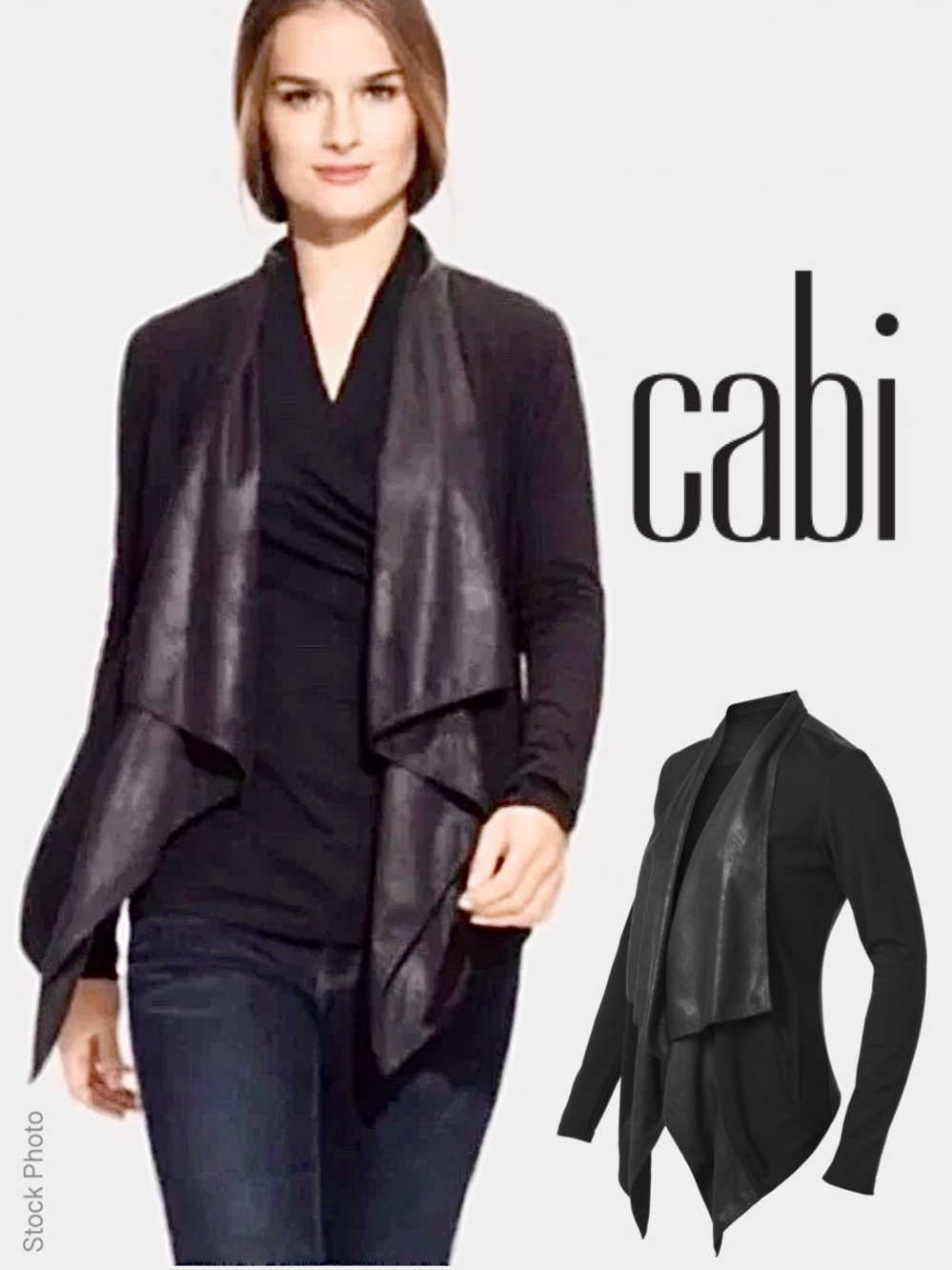 CAbi #527 Black Owens Jacket Waterfall Moto Faux Leather Trim Open Cardigan (L) - Picture 15 of 17